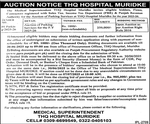 THQ Hospital Muridke Tender Notice